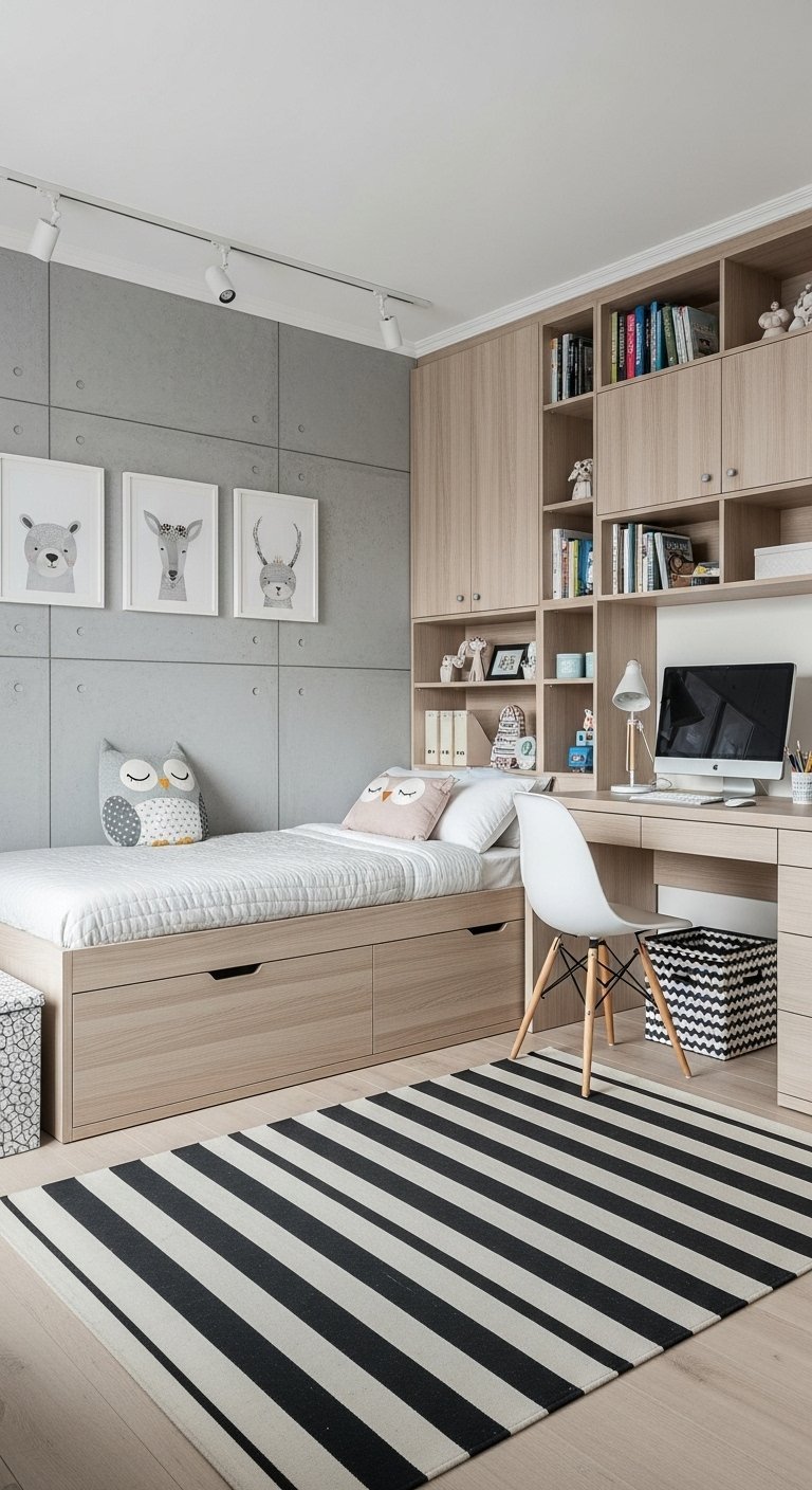 Bureau et lit avec rangements en bois clair pour chambre d enfant