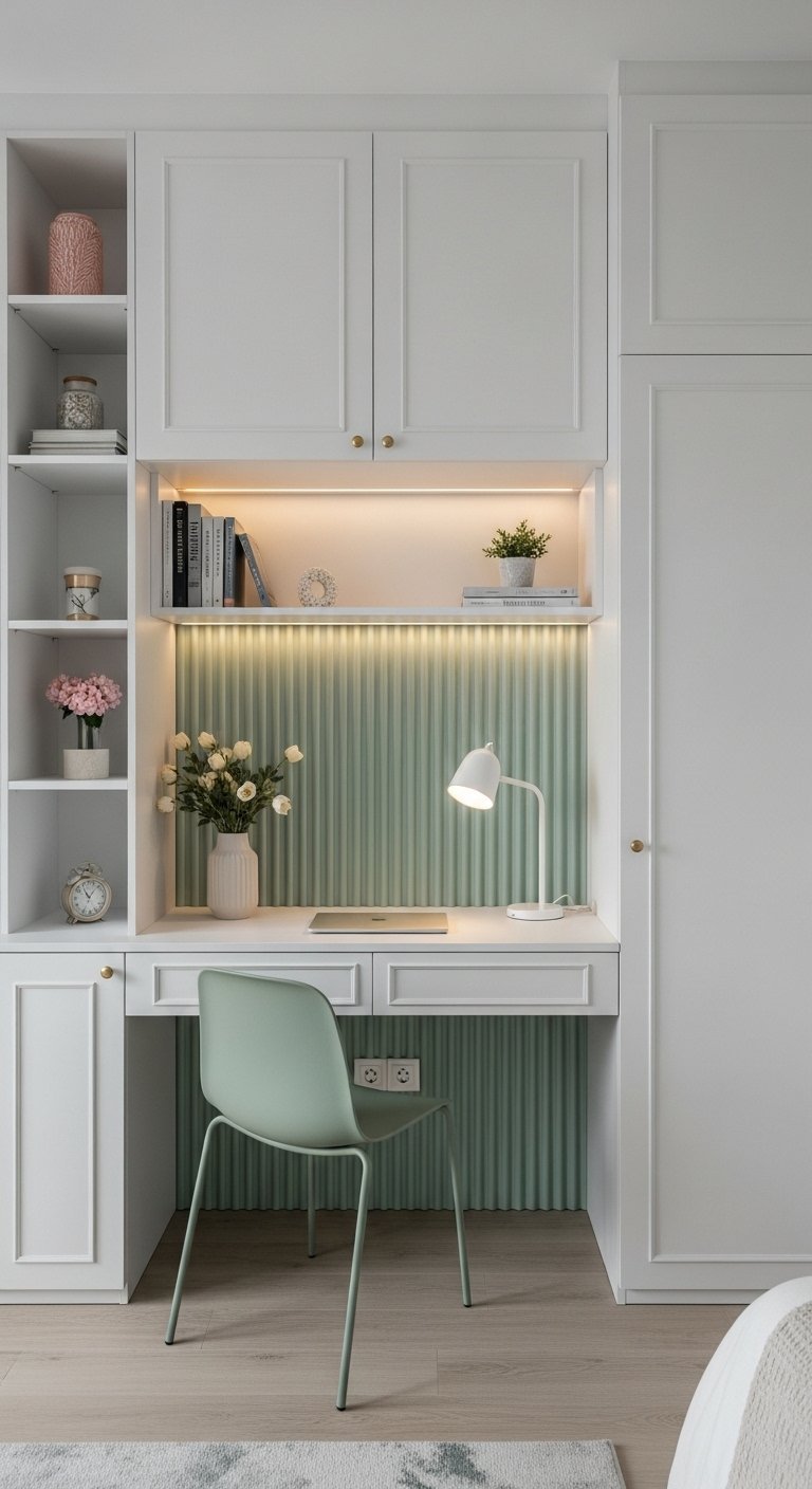 Bureau intégré blanc avec panneau mural vert sauge et chaise assortie