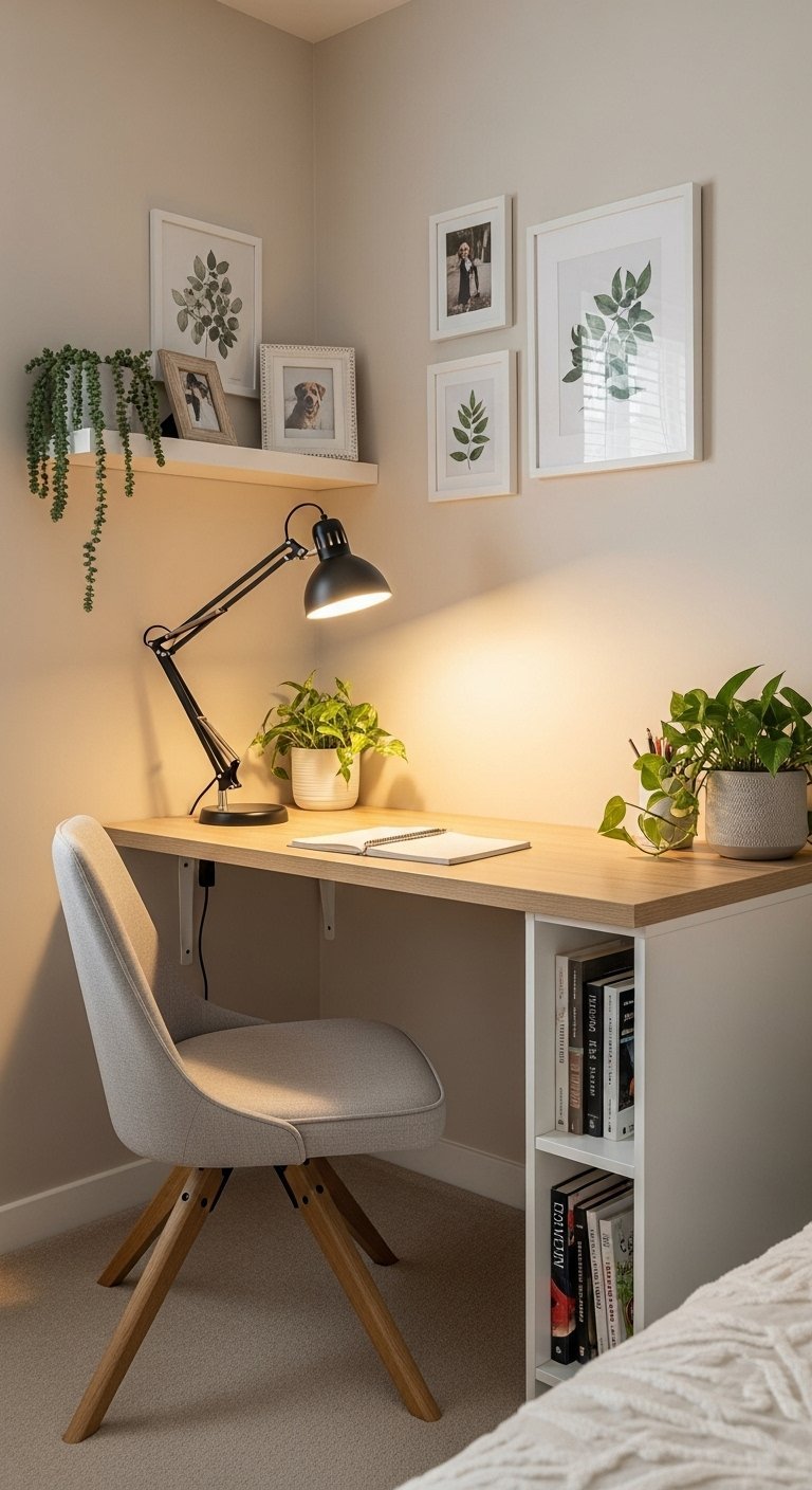 Bureau mural en bois clair avec chaise grise et plantes vertes