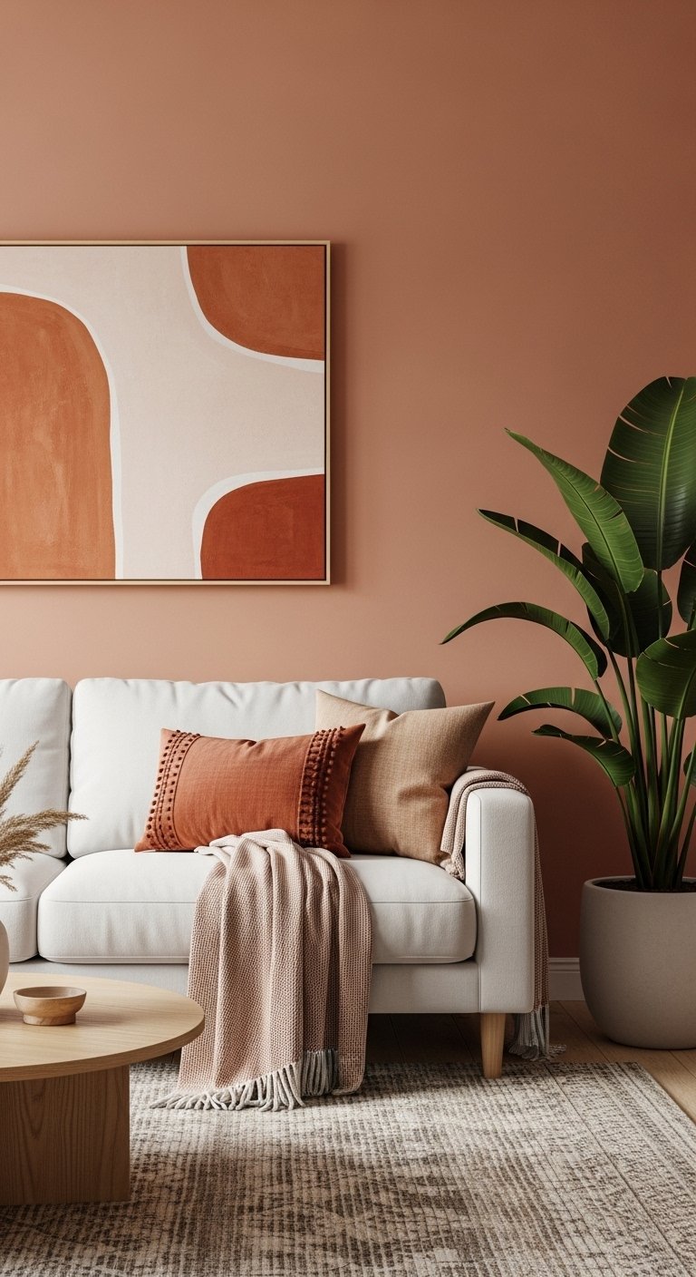Canape blanc devant un mur terracotta avec un grand tableau abstrait