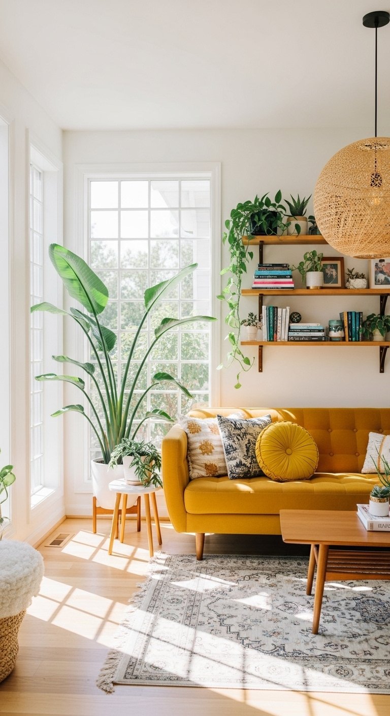 Canapé jaune dans un salon lumineux avec plantes vertes et étagères en bois