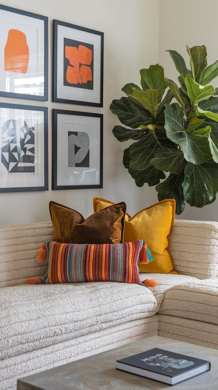 Canape texture avec coussins colores devant un mur de cadres modernes