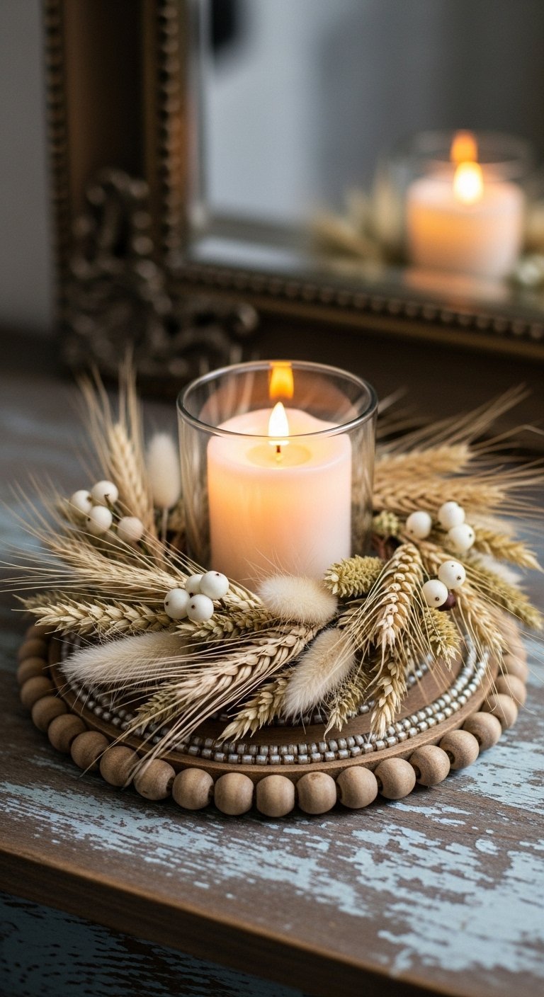 Centre de table avec bougie et couronne de blé sur base en bois