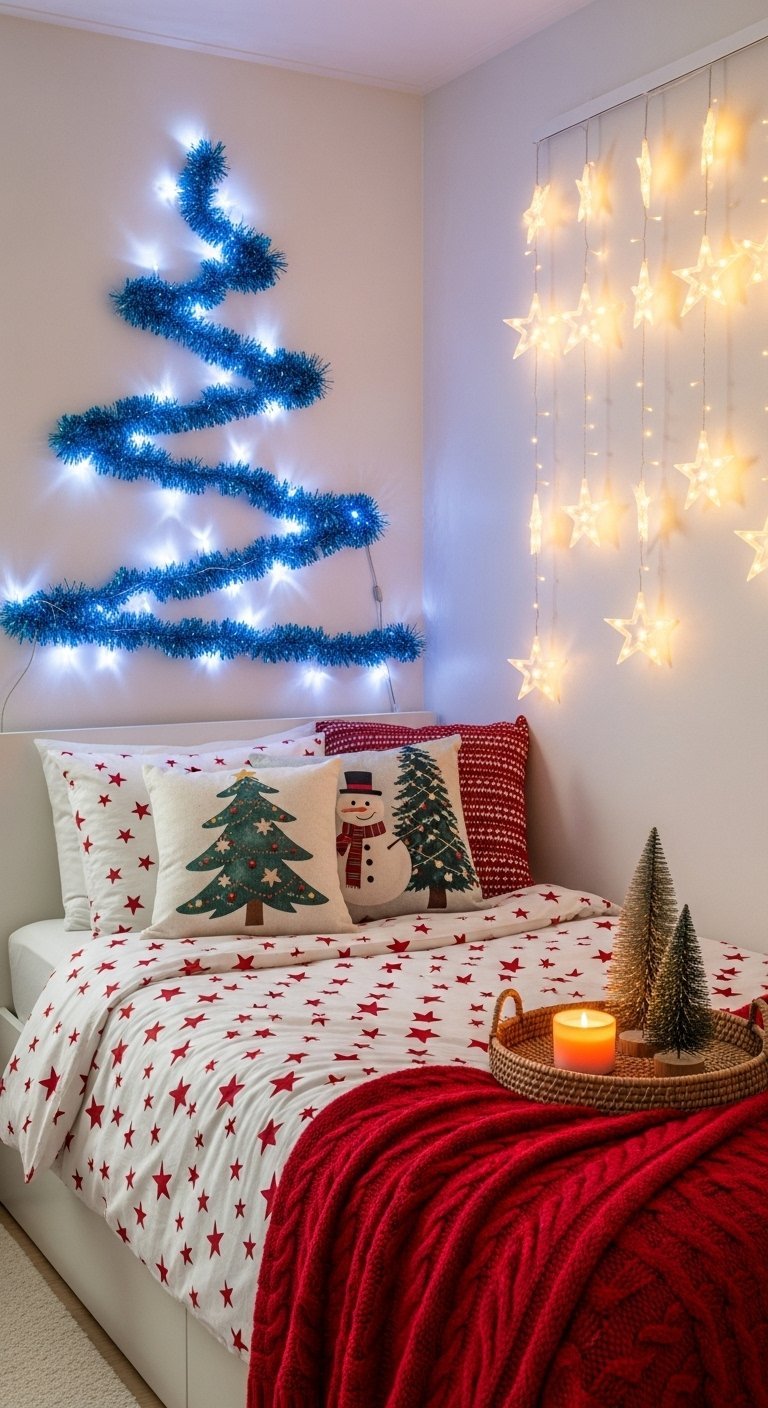 Chambre avec un sapin mural en guirlande bleue et des lumières de Noël