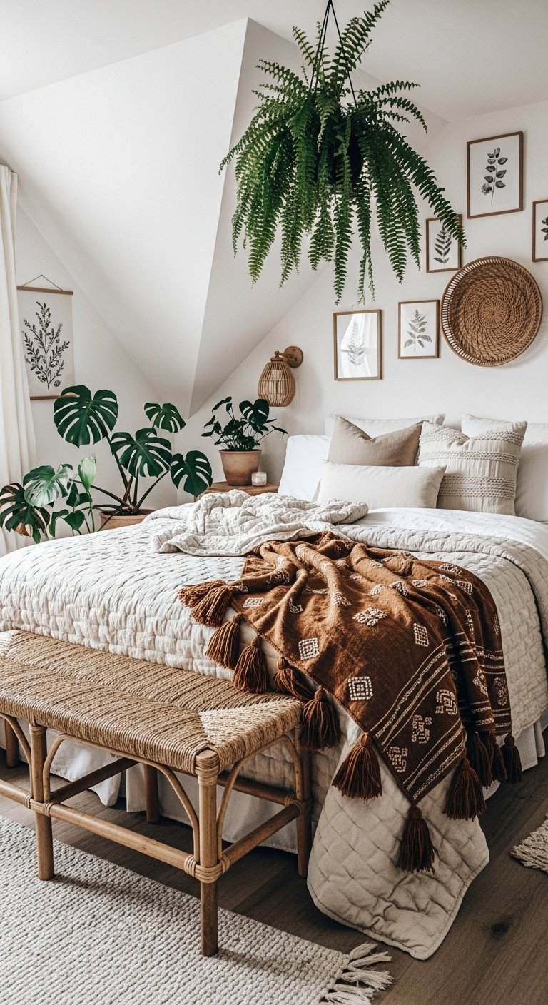 Chambre bohème avec plantes suspendues et banc en rotin