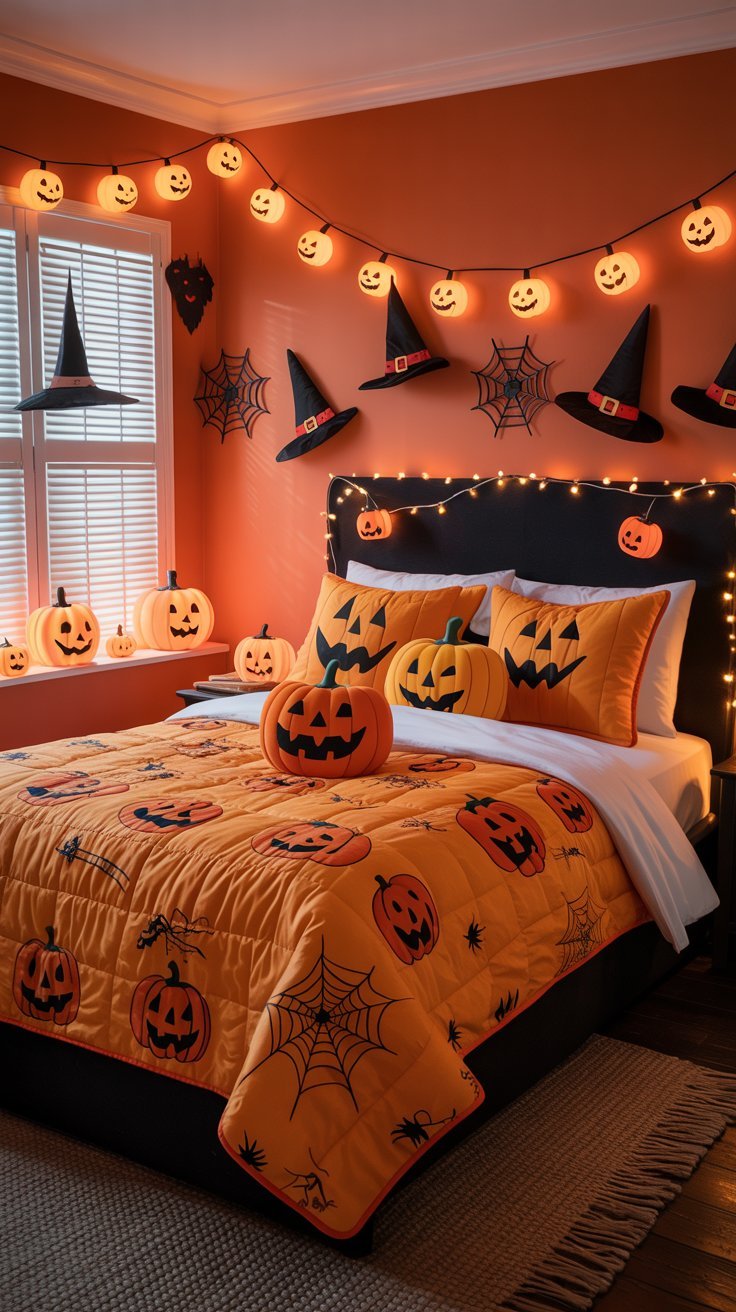Chambre orange festive avec guirlandes lumineuses en forme de citrouille