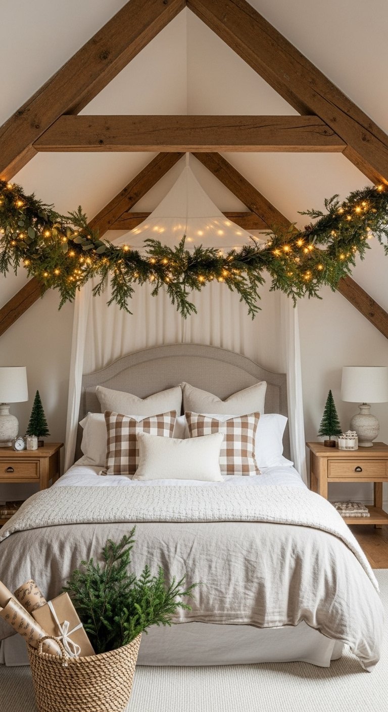 Chambre rustique avec poutres en bois et guirlande lumineuse