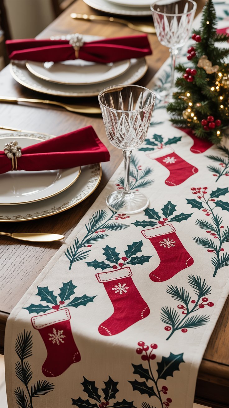 Chemin de table de noel avec motif chaussettes rouges et vaisselle dorée