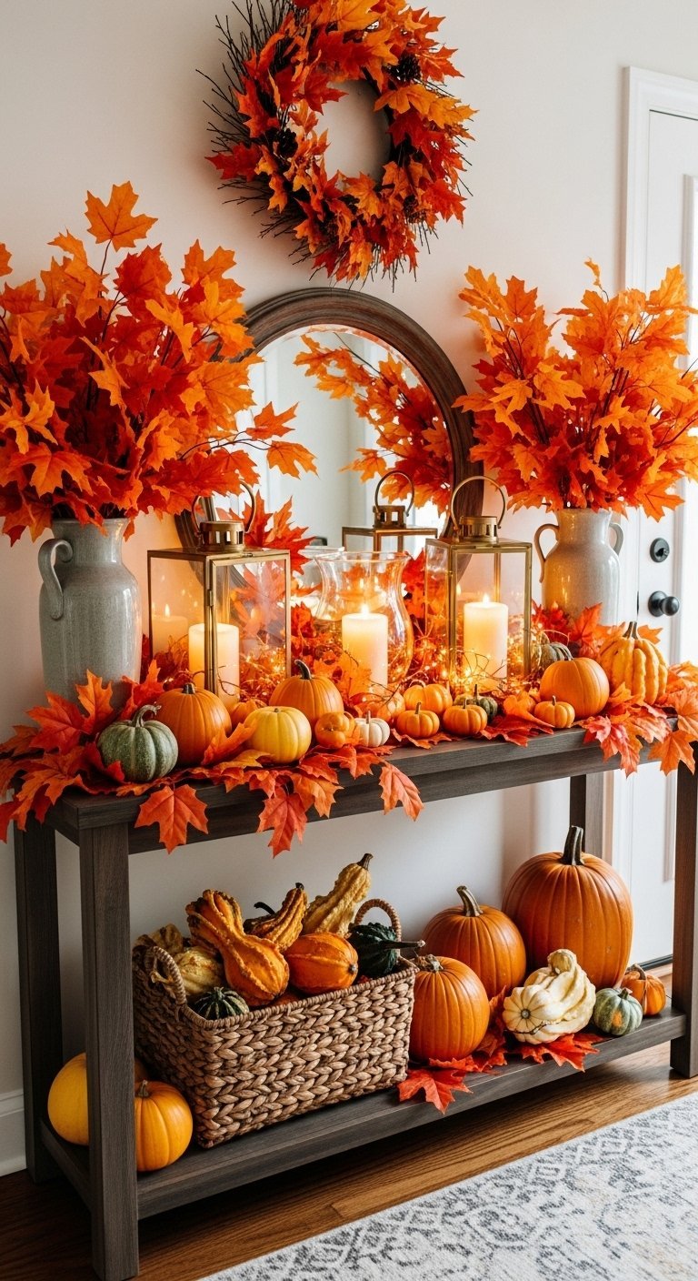 Console d entrée décorée pour l automne avec des feuilles oranges et des citrouilles