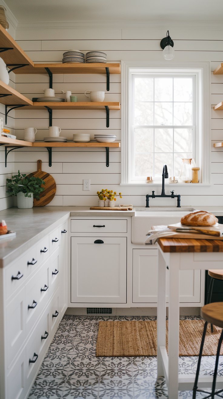 Cuisine blanche style farmhouse avec étagères en bois