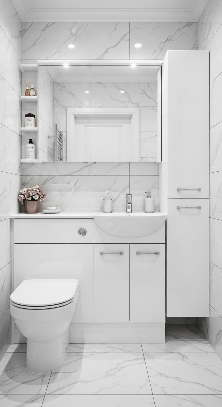 Ensemble de meubles blancs modernes dans une salle de bain en marbre