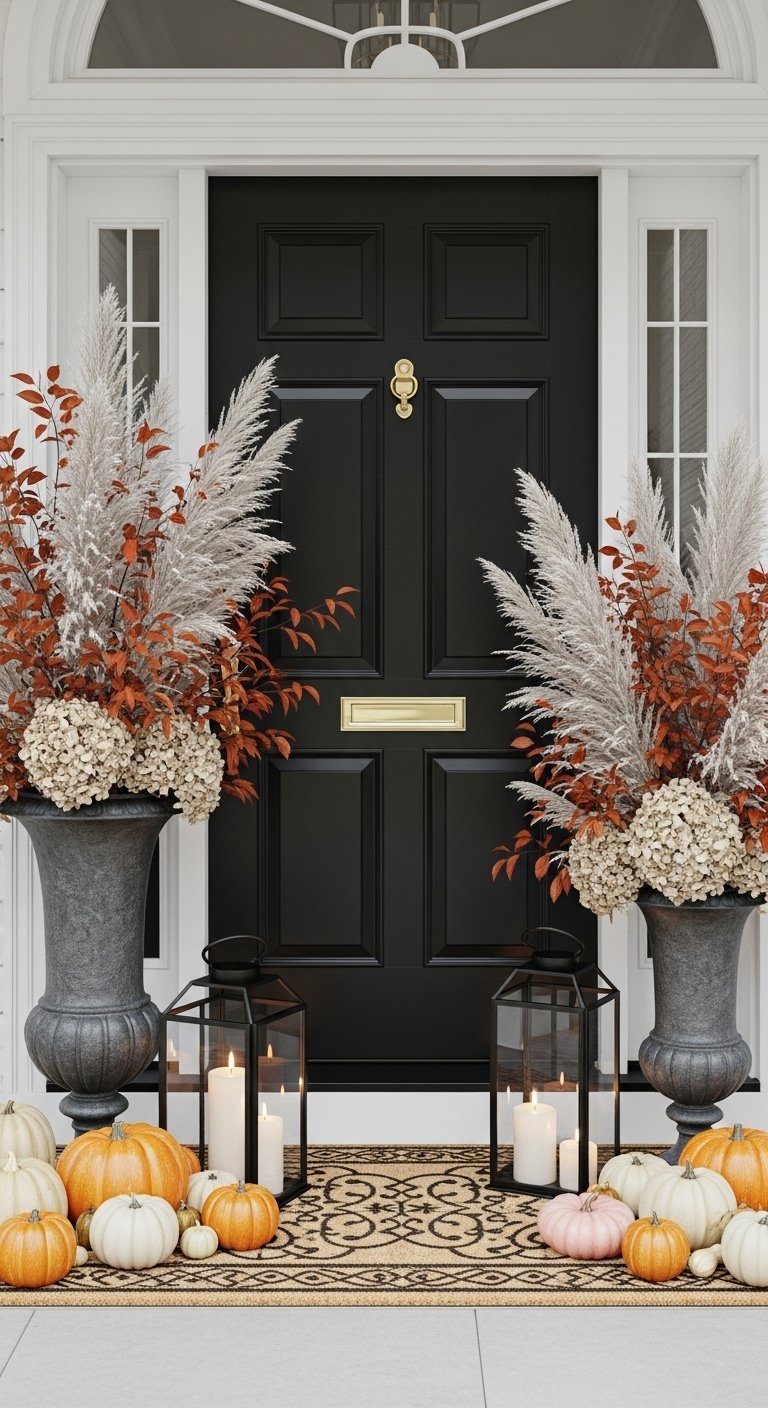 Entree elegante avec porte noire et herbes de la pampa