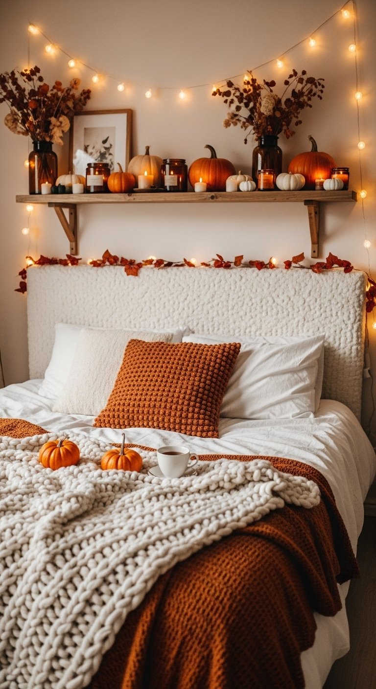 Etagere en bois au dessus du lit avec citrouilles et guirlandes lumineuses