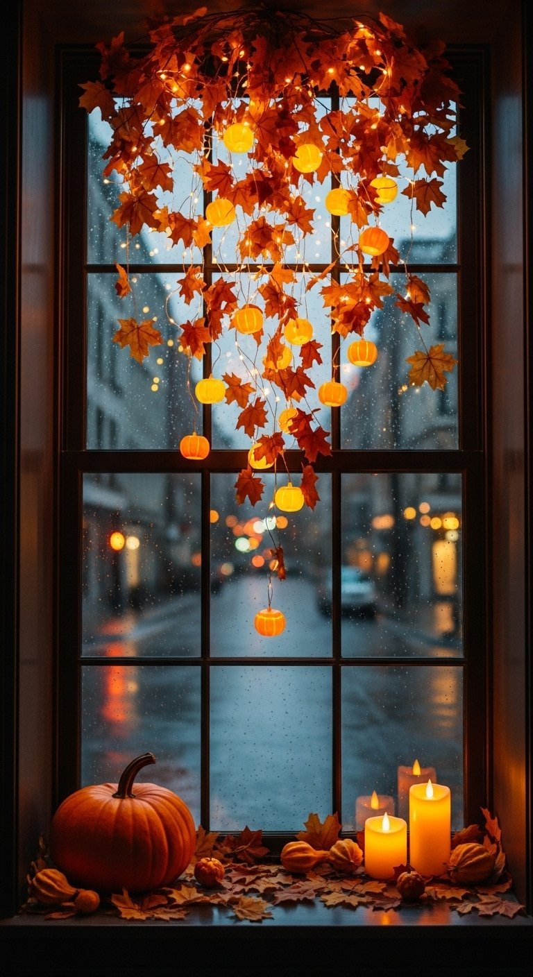 Guirlande lumineuse et citrouille devant une fenêtre pluvieuse