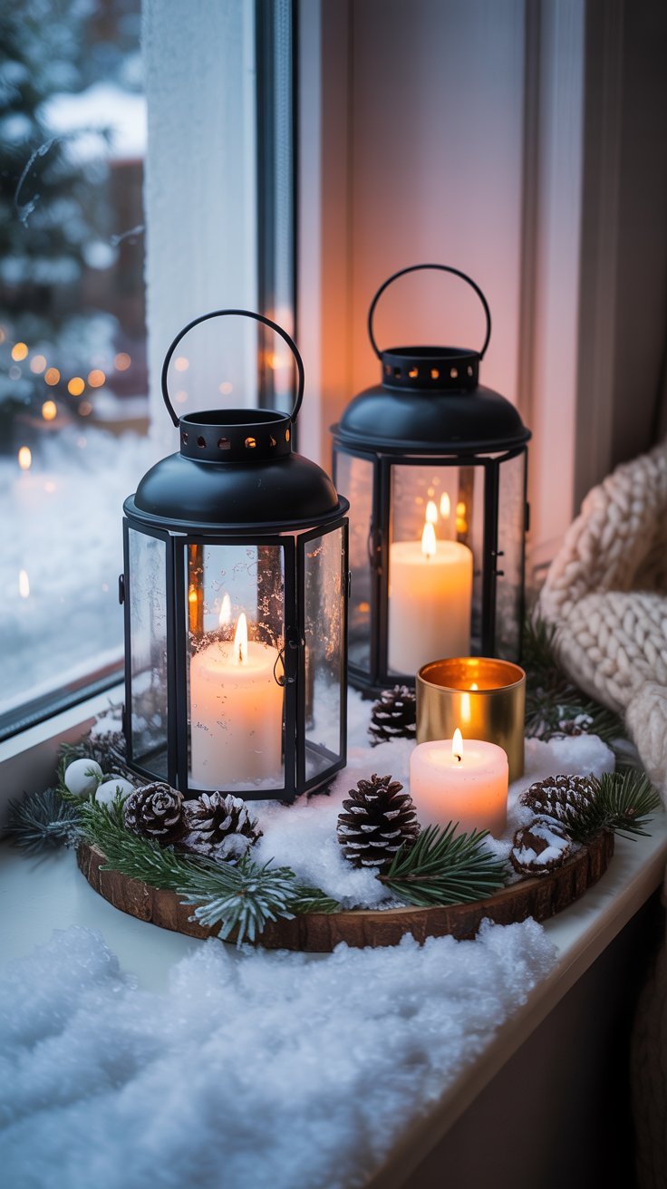 Lanternes noires avec bougies sur un rebord de fenetre enneige