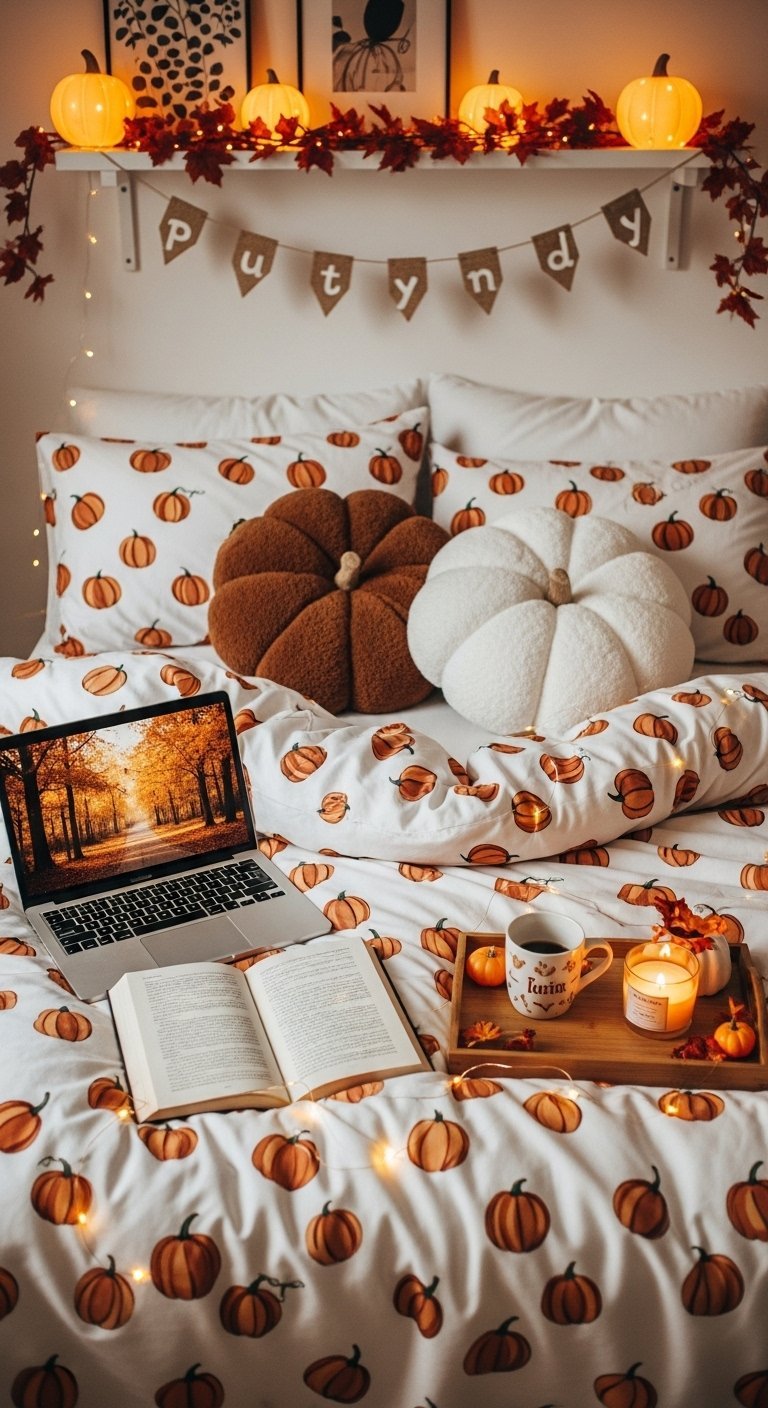 Lit confortable avec une parure a motifs de citrouilles dans une chambre decoree pour l automne