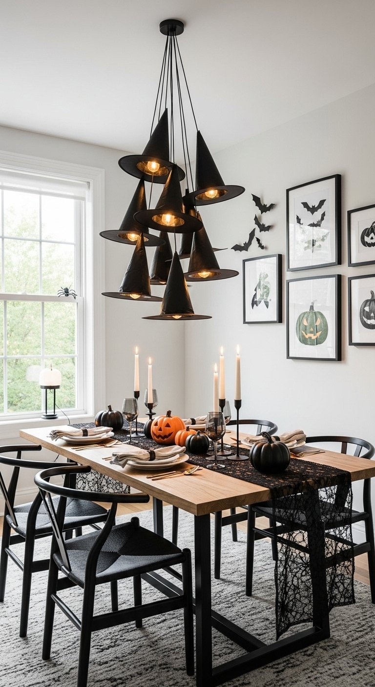 Lustre de chapeaux de sorciere au dessus d une table a manger d Halloween