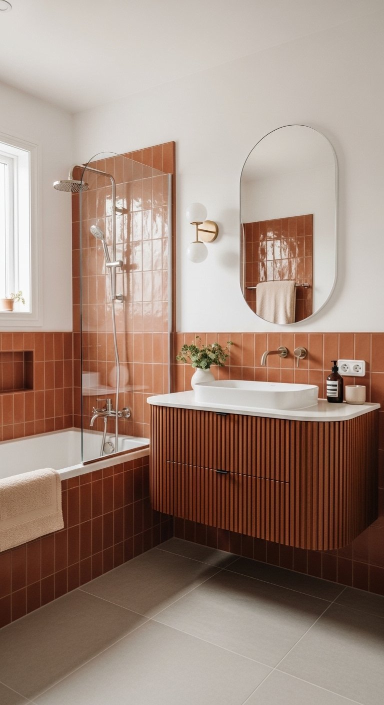 Meuble vasque en bois cannelé avec carrelage terracotta brillant
