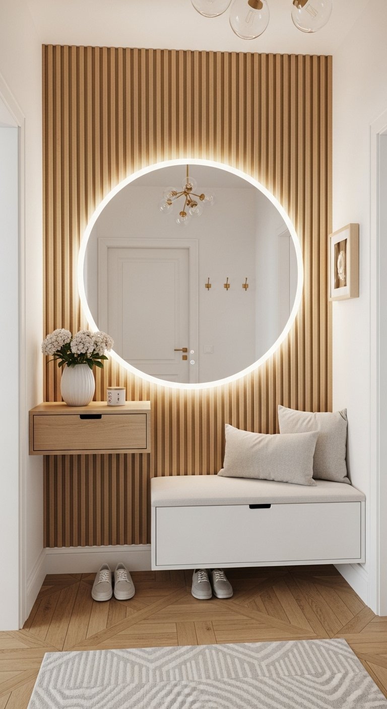 Miroir rond retroeclaire sur un mur a tasseaux en bois avec banc blanc flottant