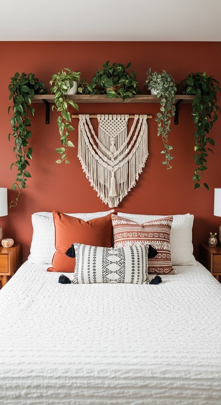 Mur terracotta avec étagère en bois et plantes suspendues