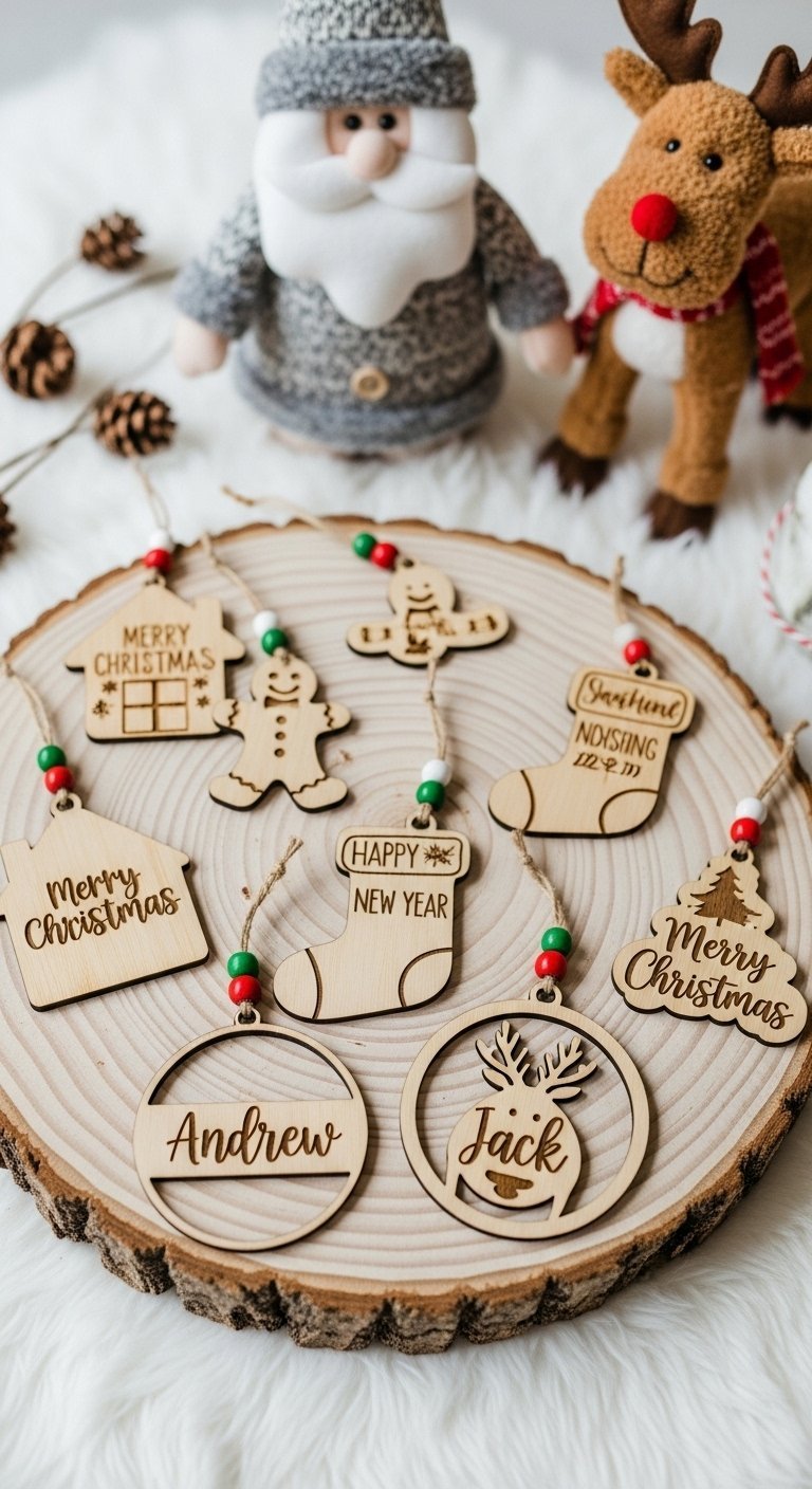Ornements de noel en bois personnalises avec des noms sur une tranche de bois
