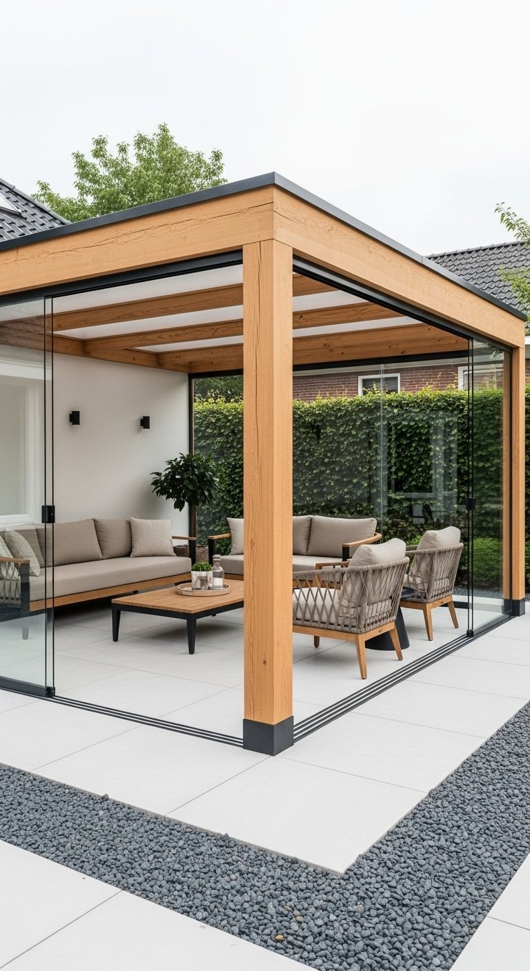 Pergola moderne avec structure en bois clair et parois en verre