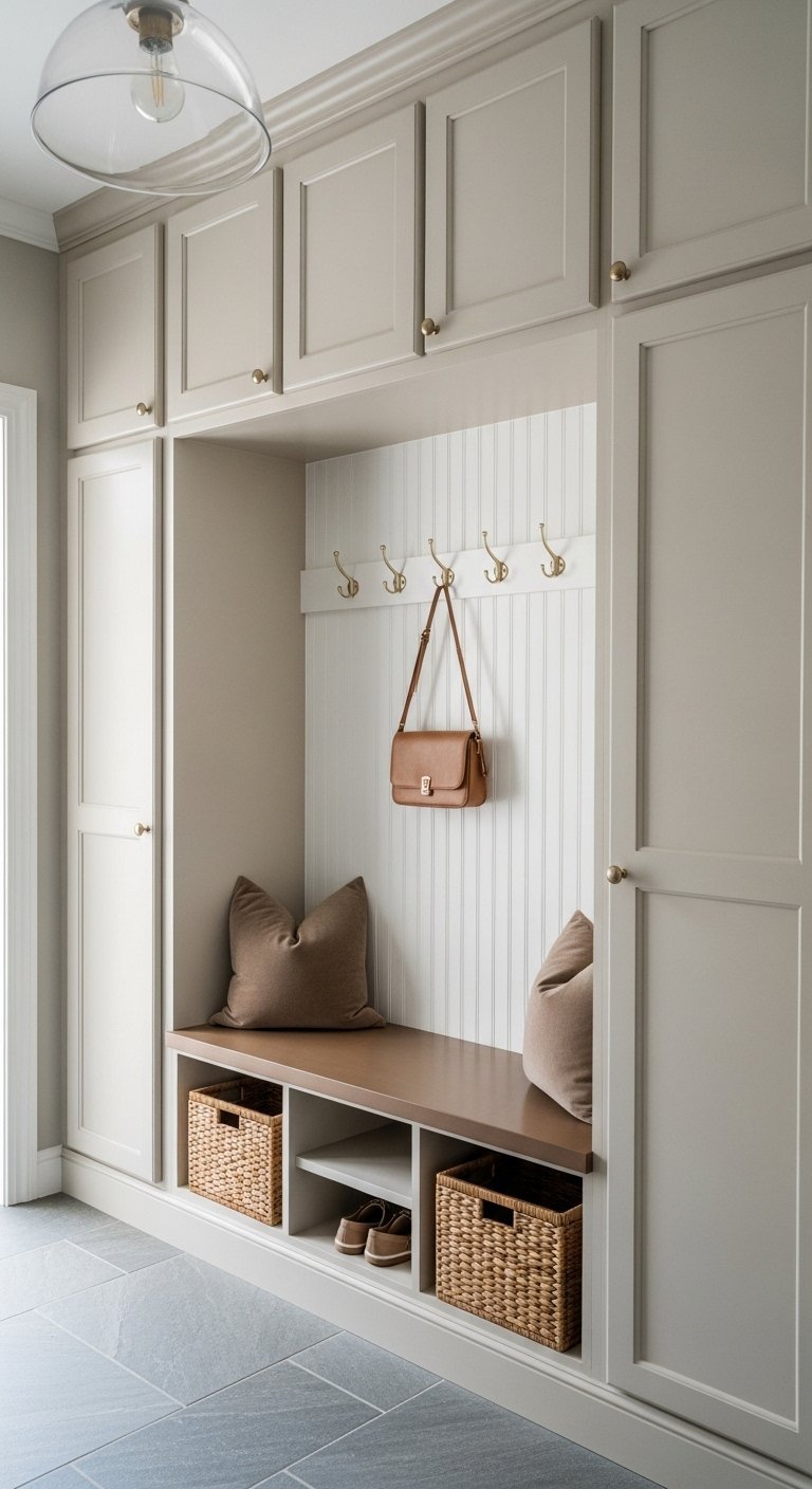 Placard entree beige avec banc integre et paniers en osier