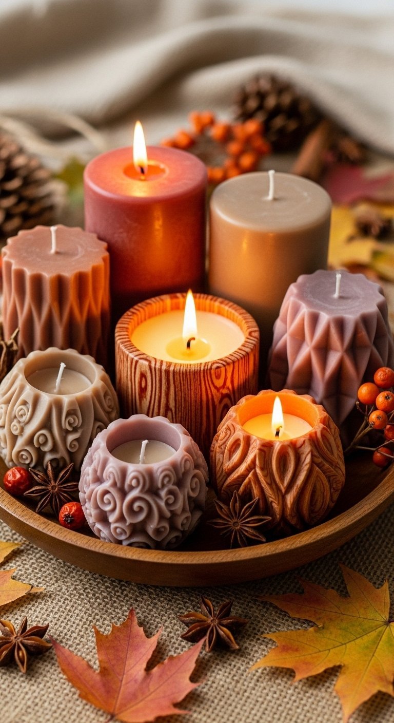 Plateau en bois avec bougies artisanales aux formes et couleurs d automne