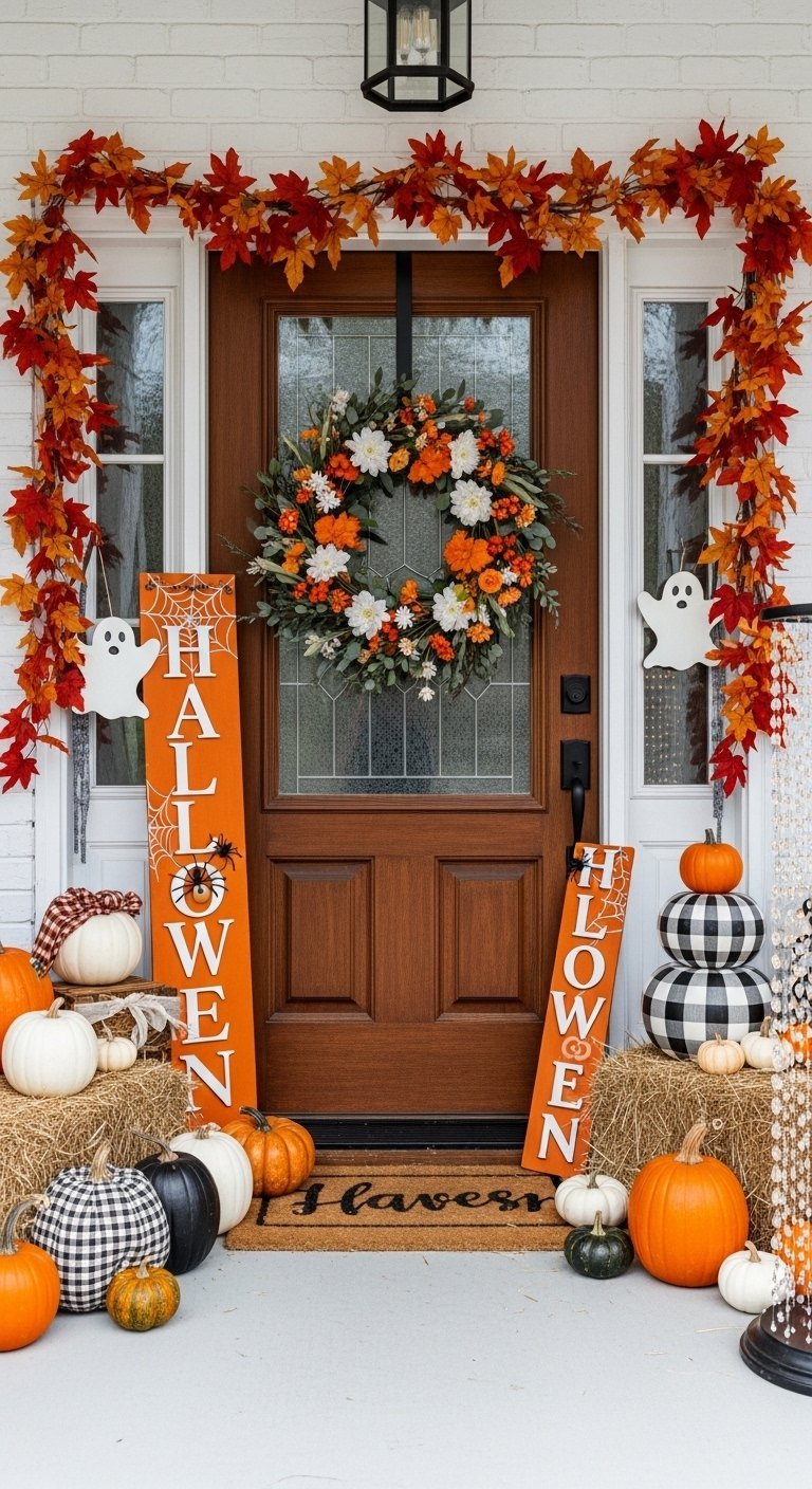 Porche d entrée décoré pour halloween avec citrouilles guirlandes et pancartes