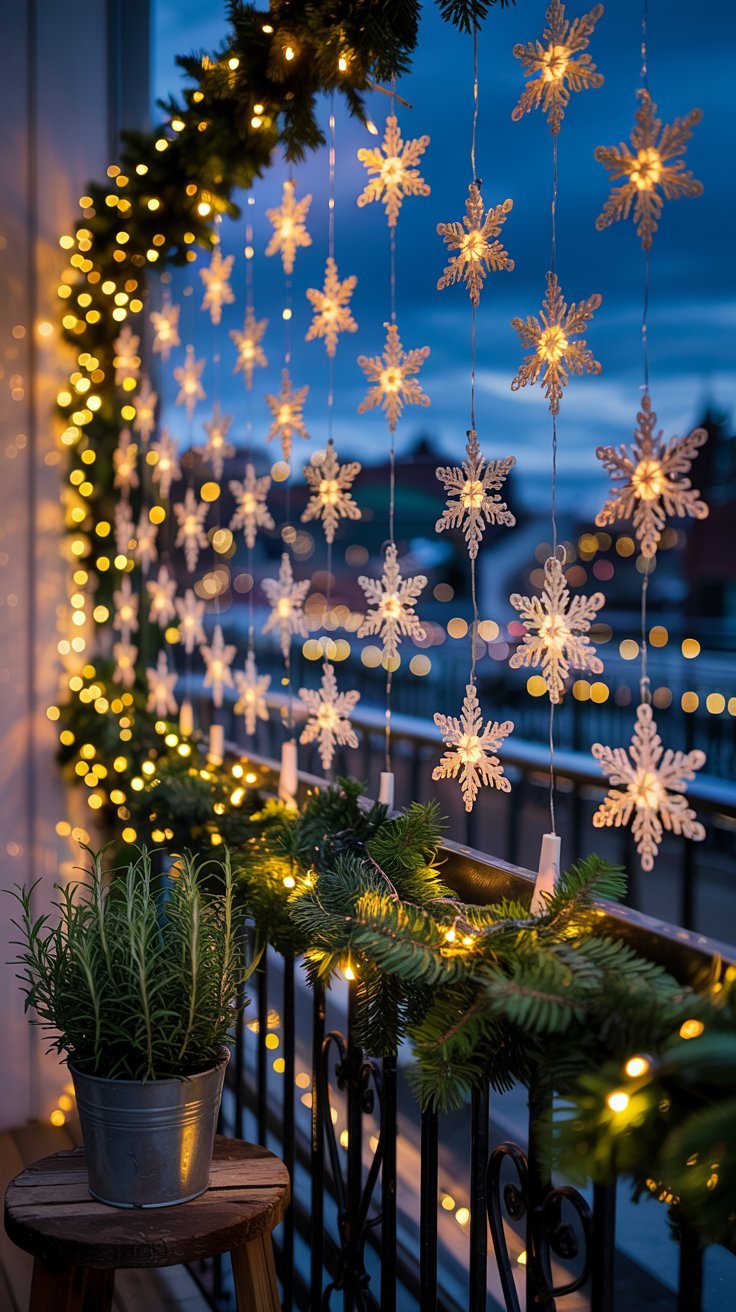 Rideau lumineux en flocons de neige sur un balcon