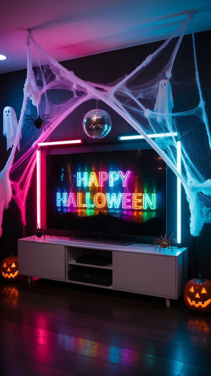 Salon avec éclairage néon coloré pour une fête d Halloween
