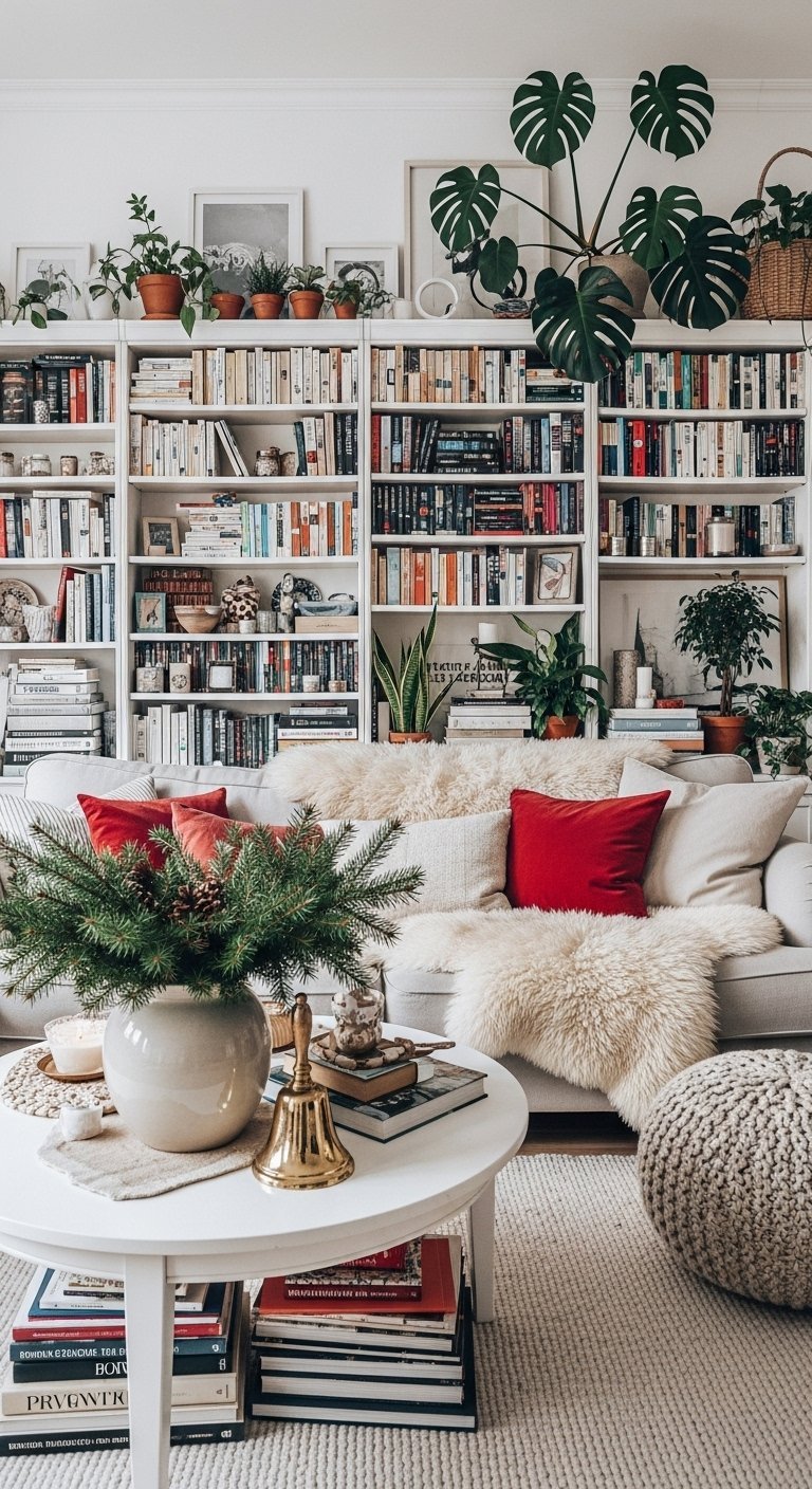 Salon avec grande bibliothèque blanche coussins rouges et plantes vertes