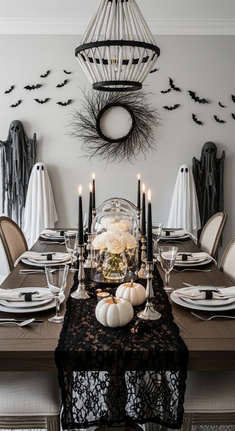 Table halloween gothique chic avec fantomes et chauves souris au mur