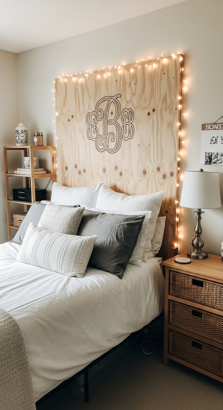 Tete de lit en contreplaque avec guirlande lumineuse et monogramme