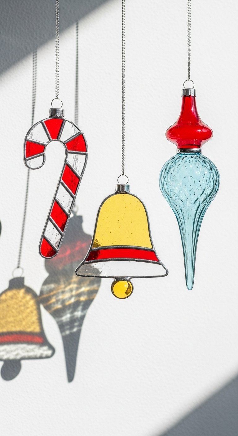 Trois ornements de Noël en vitrail suspendus canne en sucre cloche et décoration bleue
