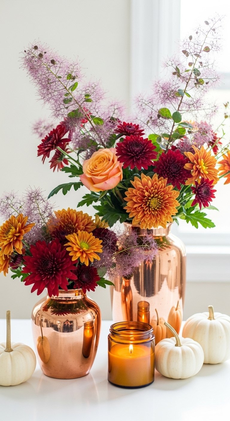 Vases en cuivre avec chrysanthèmes et citrouilles blanches