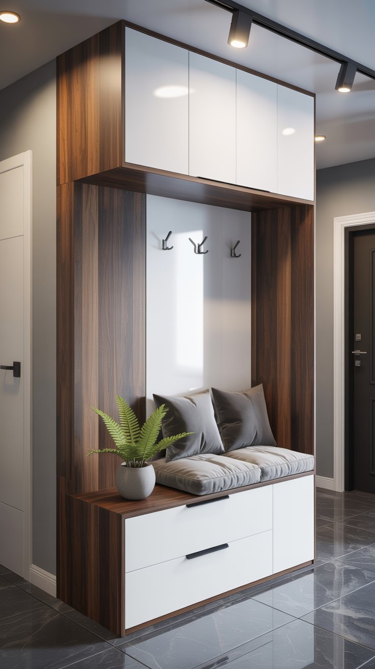 Vestiaire d entrée moderne en bois et blanc avec banc et coussins gris