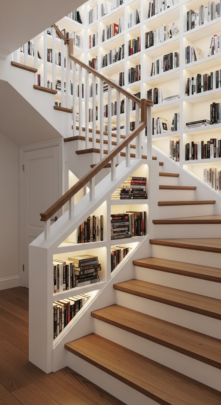 Bibliotheque integree dans la montee descalier avec eclairage