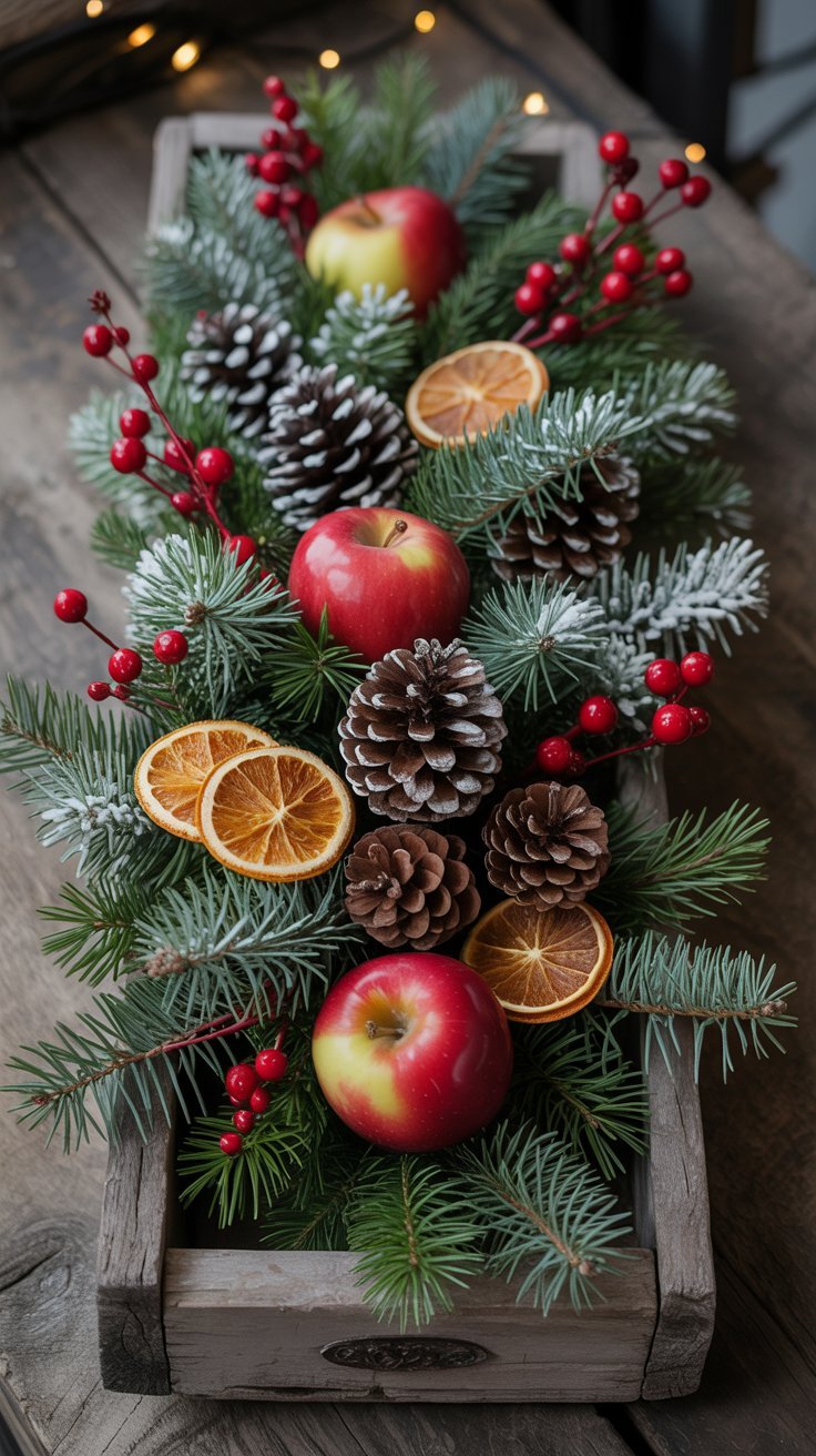 Boîte en bois avec pommes rouges pommes de pin et oranges séchées