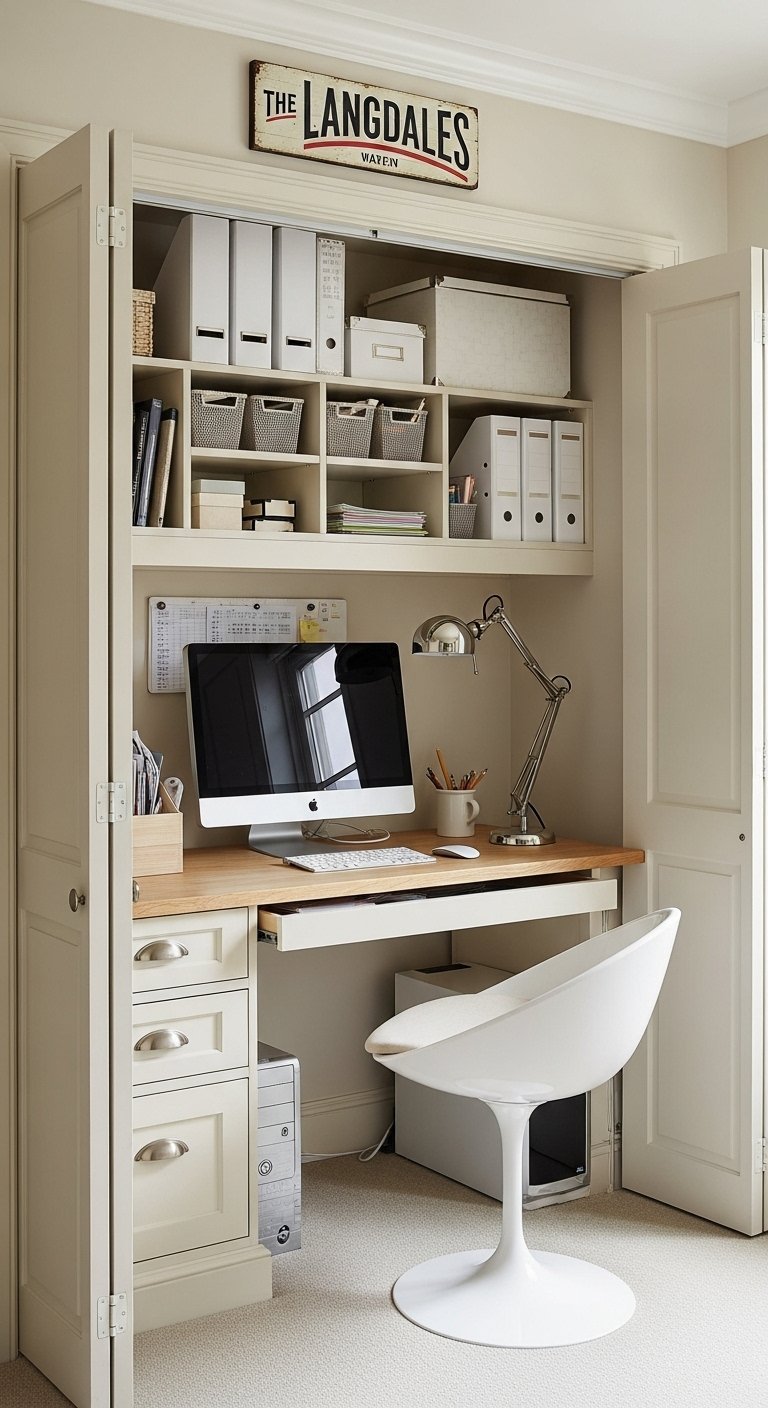 Bureau à domicile complet dans un placard avec de nombreux rangements et un ordinateur iMac