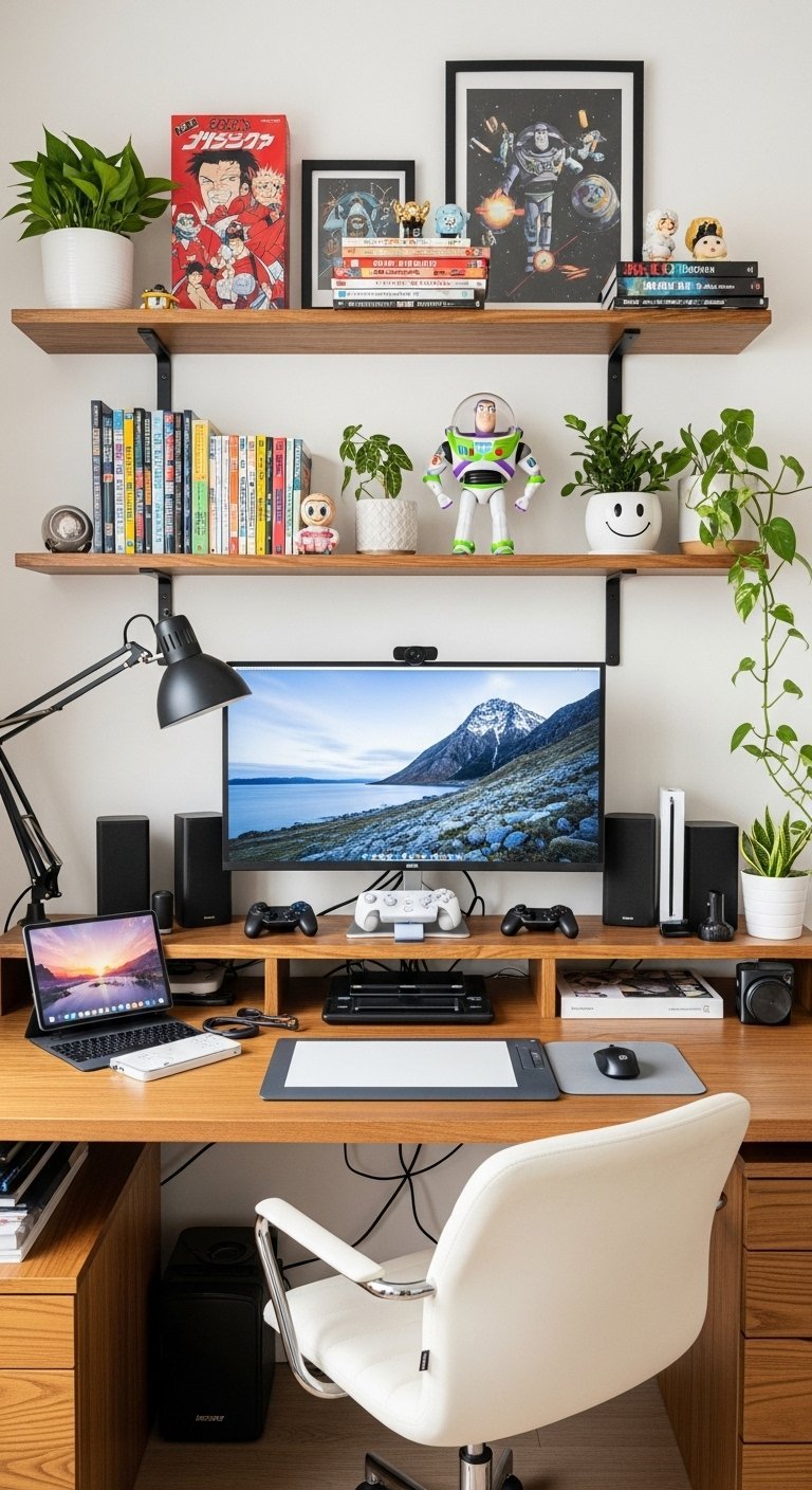 Bureau de travail avec étagères en bois exposant des objets de collection