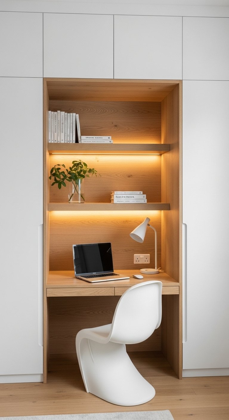 Bureau en chêne clair de style scandinave avec chaise Panton blanche