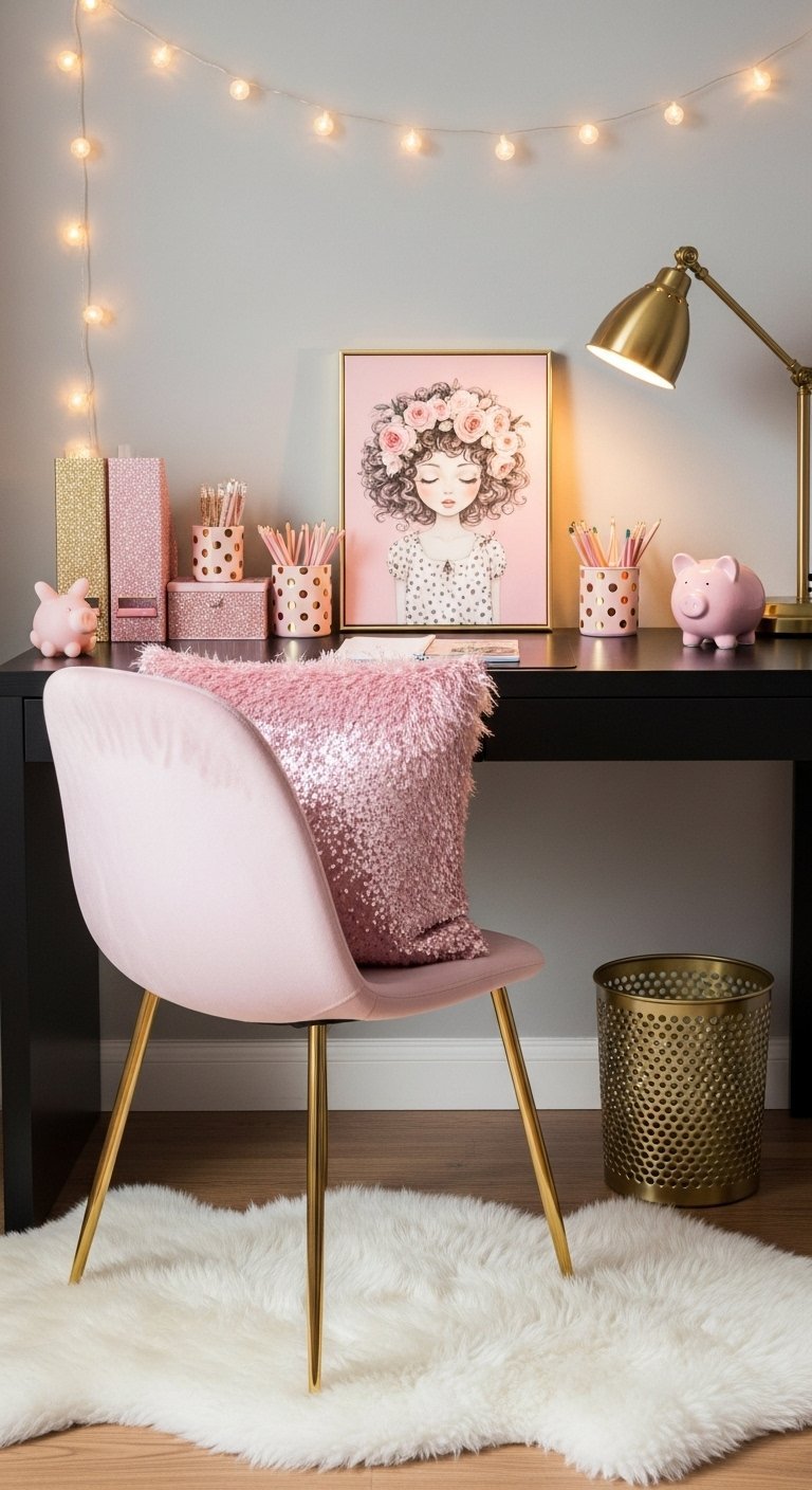 Bureau noir avec accessoires roses et dorés et chaise en velours
