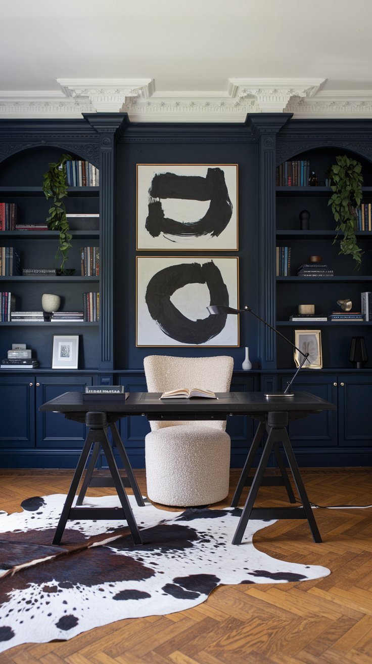 Bureau noir dans une pièce avec bibliothèque bleu nuit et art abstrait