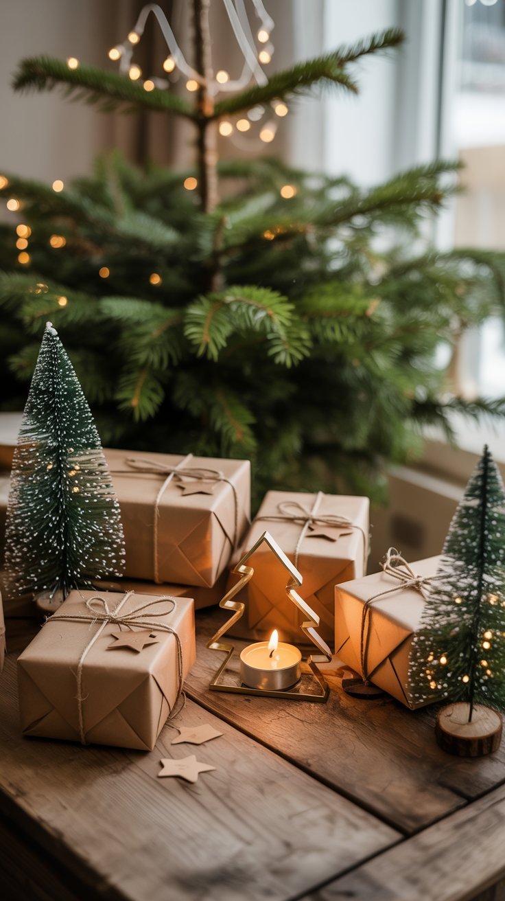 Cadeaux emballés en papier kraft avec des mini sapins sur une table en bois