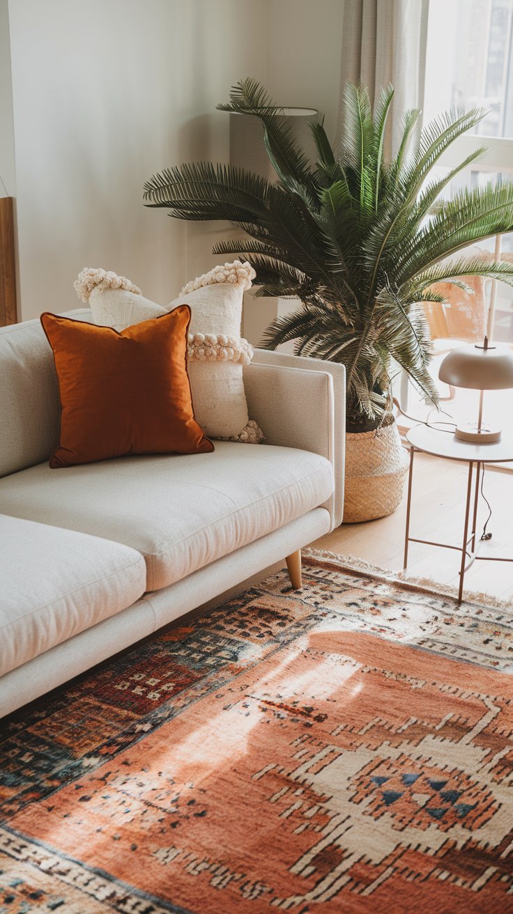 Canape beige avec un tapis boheme aux couleurs chaudes
