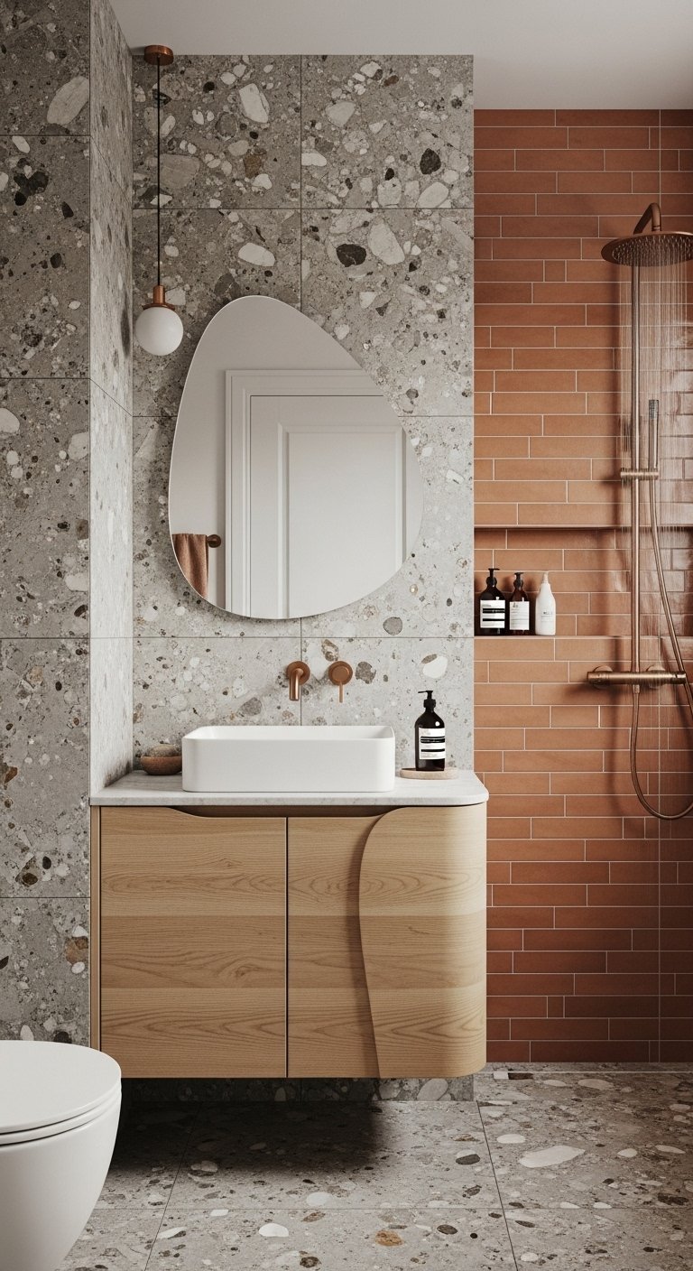 Carrelage terracotta avec mur terrazzo et meuble vasque en bois clair