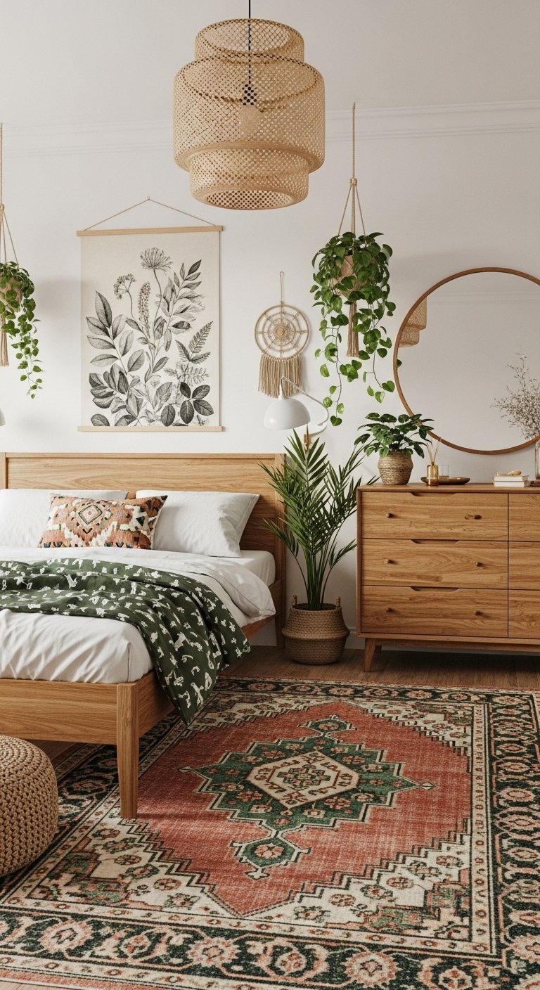 Chambre bohème avec lit en bois et tapis ethnique