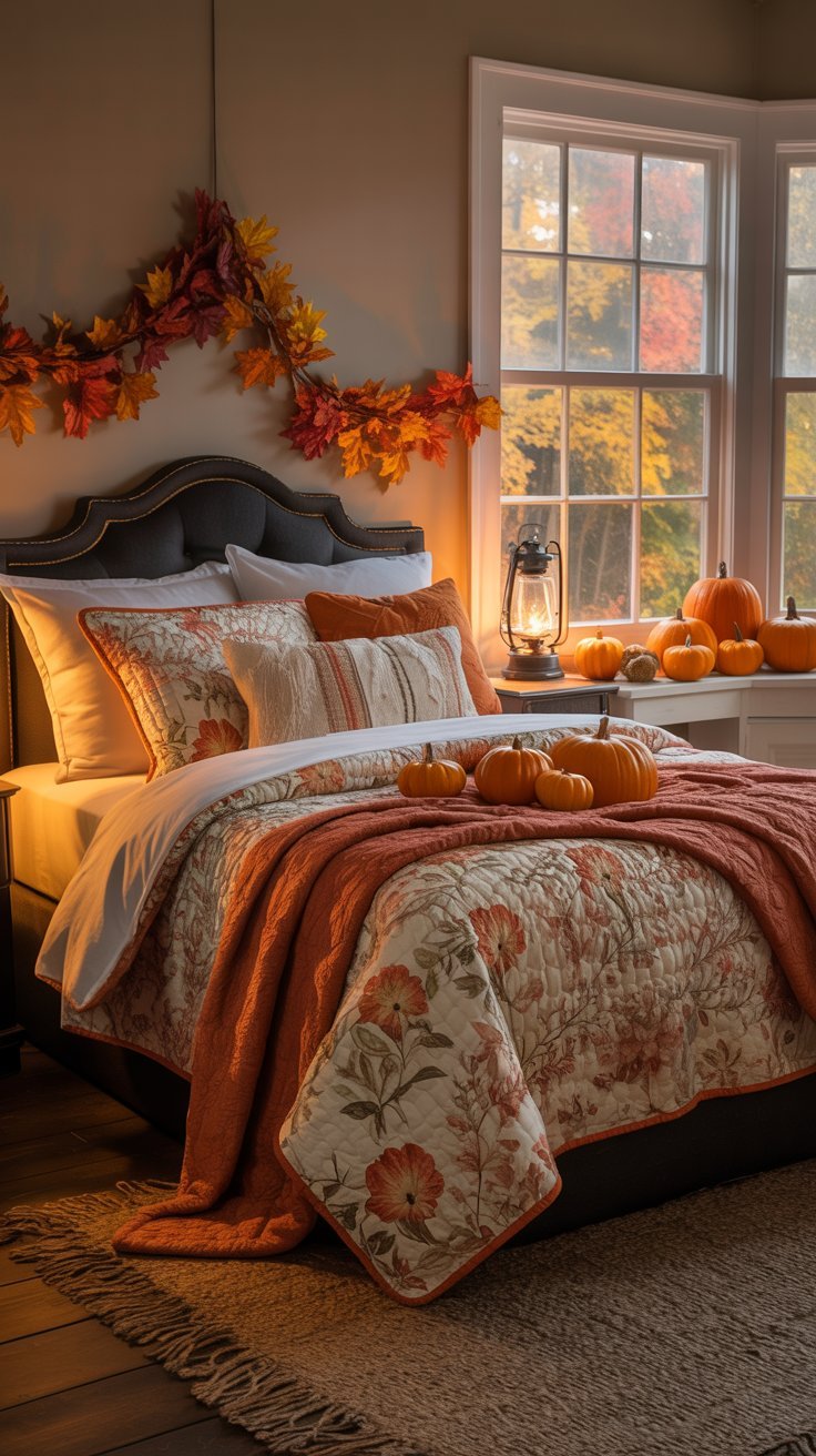 Chambre d automne cosy avec guirlande de feuilles et plaid orange