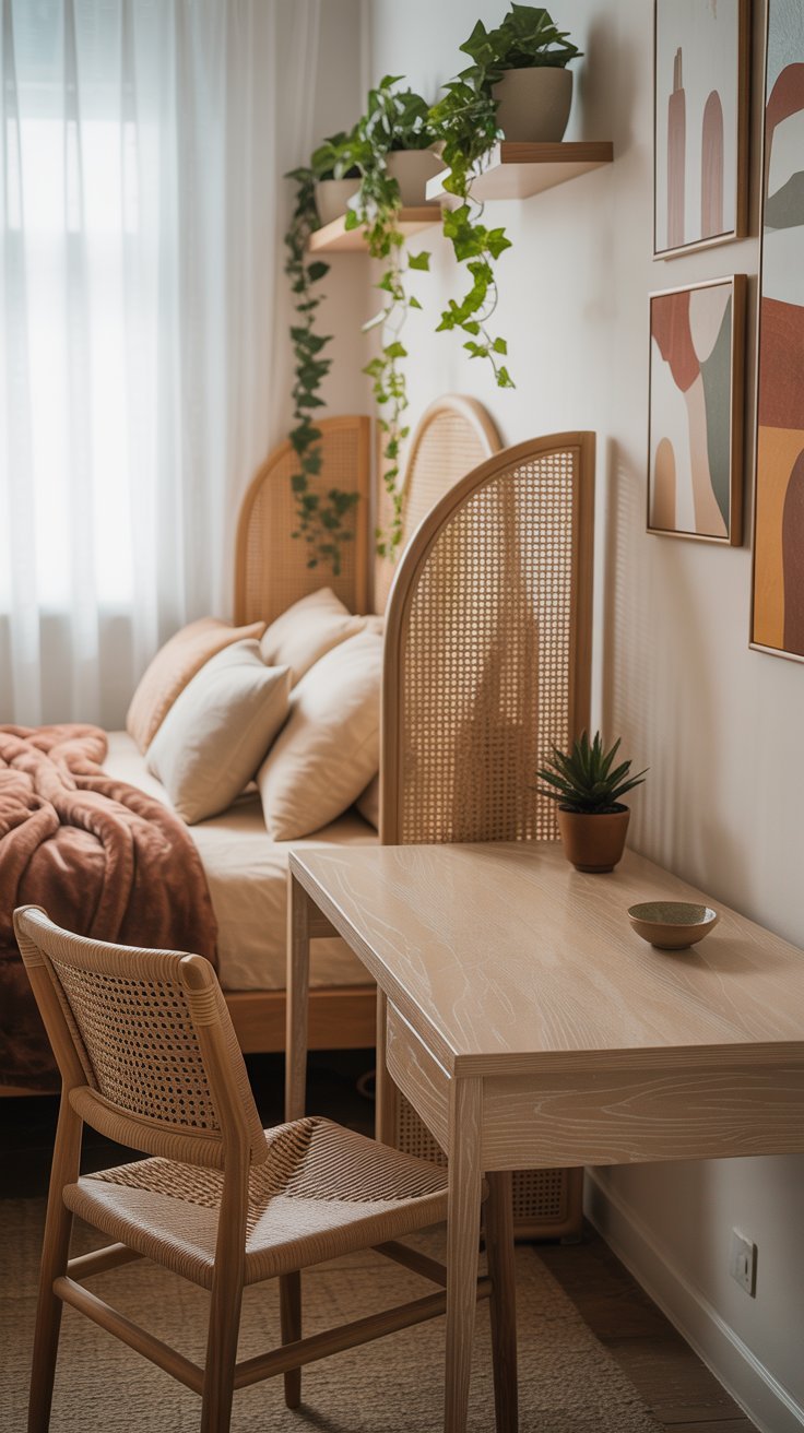 Chambre de style naturel avec tête de lit et bureau en rotin